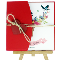 kare - Açık Davetiye Zarfı - Kare-Kırmızı - Kırmızı Kalpli