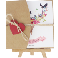 kare - Kırmızı Kalpli Kraft Yarım Davetiye Zarfı